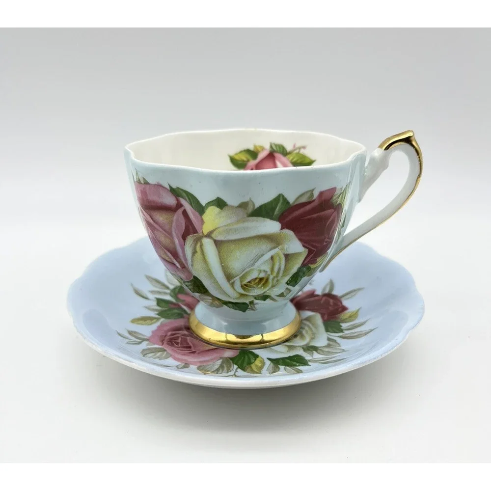 Vintage Queen ANNE Blue CABBAGE ROSE Cup & Saucer Set of 2